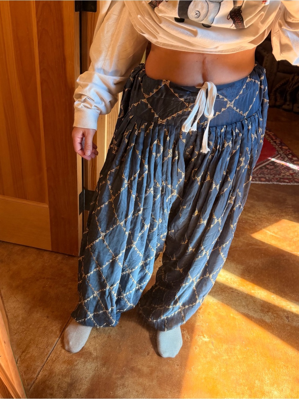 Boho Drawstring Wide-Leg Pants in Slate Blue & Gold